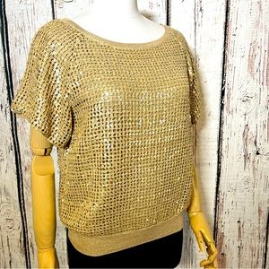 Dana Buchman for Neiman Marcus Gold Sequin Top Pullover Knit Sweater Size Small